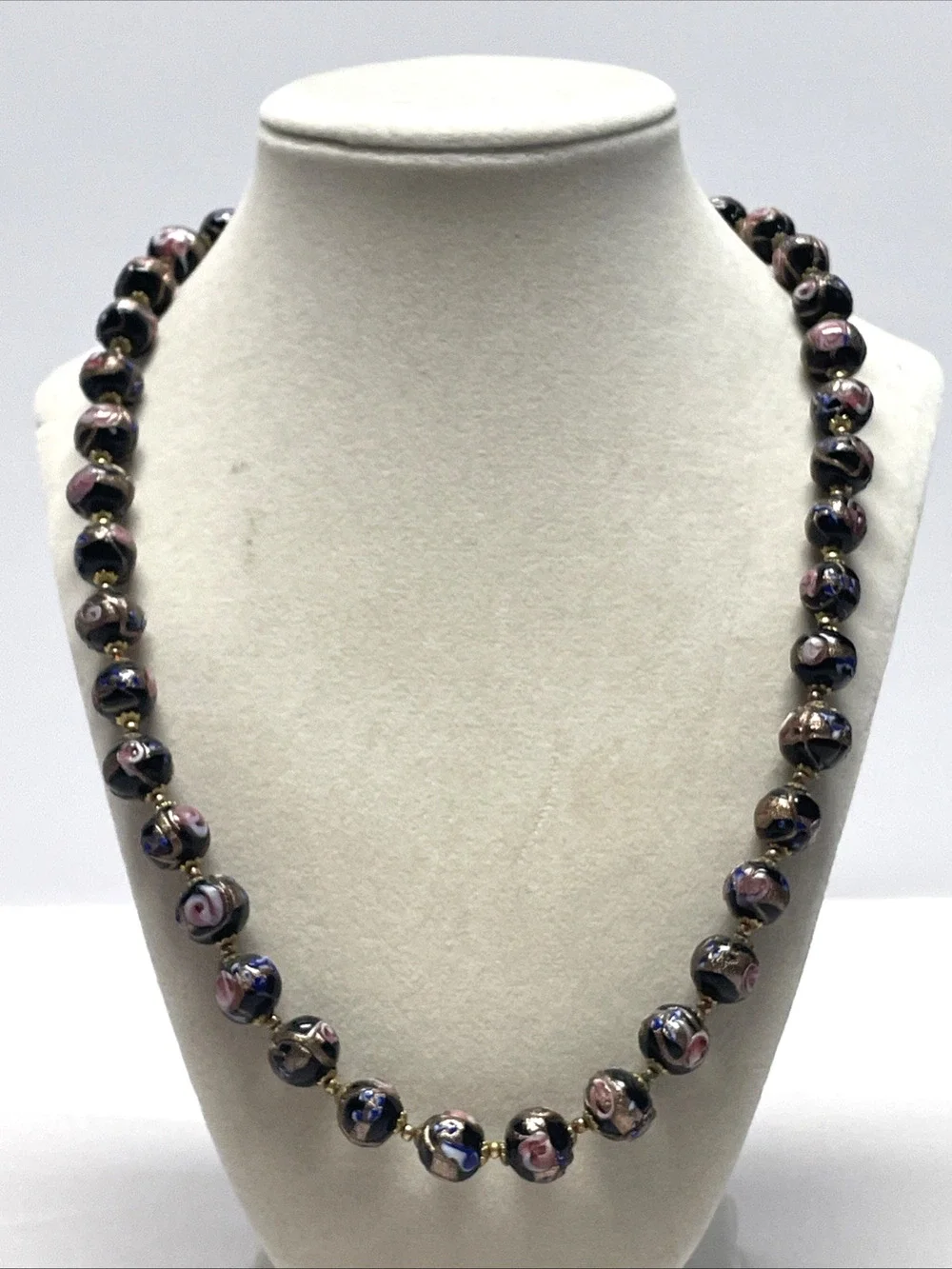 Vintage Venetian Wedding Cake Glass Bead Necklace Black Pink Blue Gold 22 inch